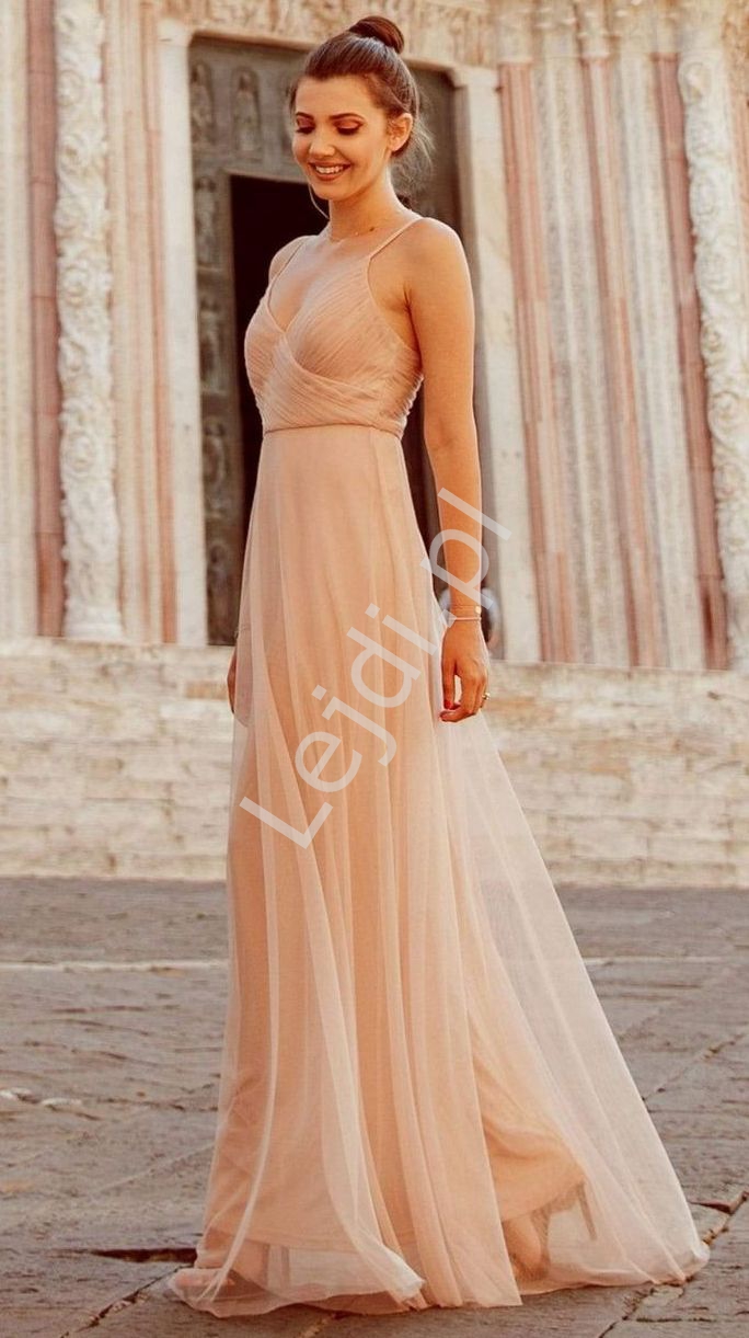 Wieczorowa sukienka na wesele, sukienka na studniówkę, tiulowa suknia w kolorze brzoskwiniowym