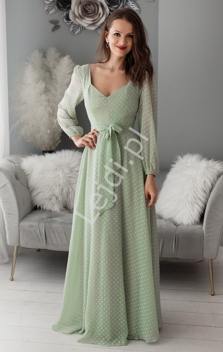 Wieczorowa sukienka szyfonowa w kolorze pastelowo zielonym w groszki 1415 - Lejdi