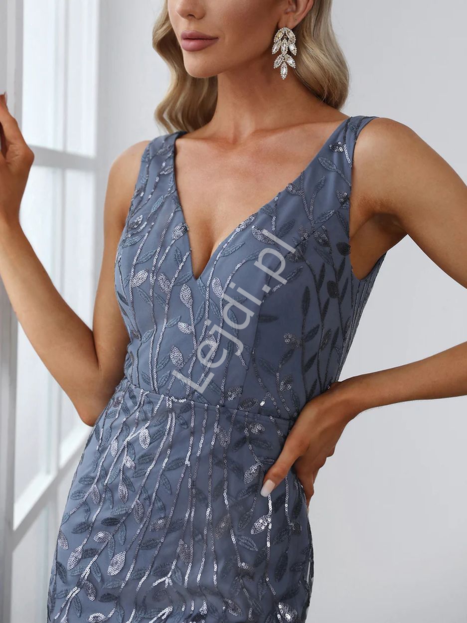 Wieczorowa sukienka tiulowa z cekinowymi listkami w kolorze jeans