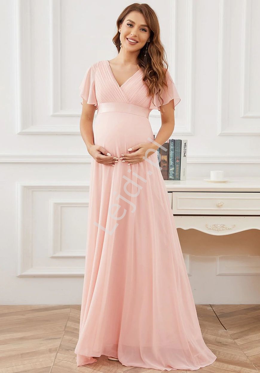 Wieczorowa suknia ciążowa w różowym kolorze, ciążowa sukienka