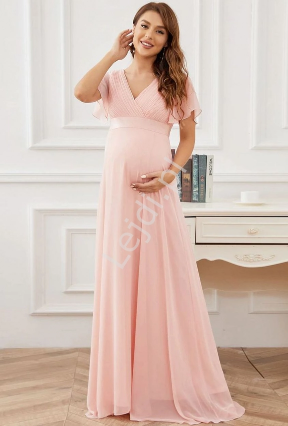 Wieczorowa suknia ciążowa w różowym kolorze, ciążowa sukienka