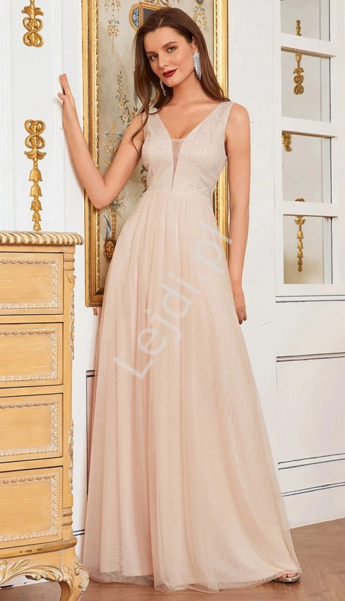Wieczorowa suknia tiulowa w złoto brzoskwiniowym kolorze z brokatem 0271
