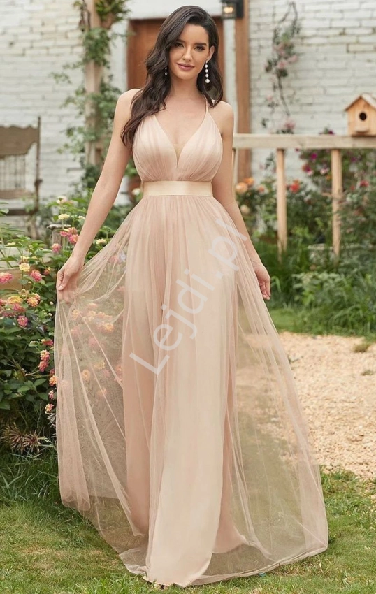 Wieczorowa suknia z odkrytymi plecami, długa sukienka na wesele, beżowo brzoskwiniowa 0555