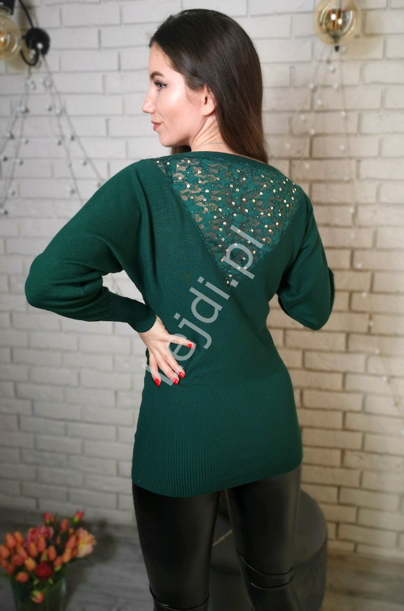 Wizytowa zielona bluzka dzianinowa, oversize z koronką