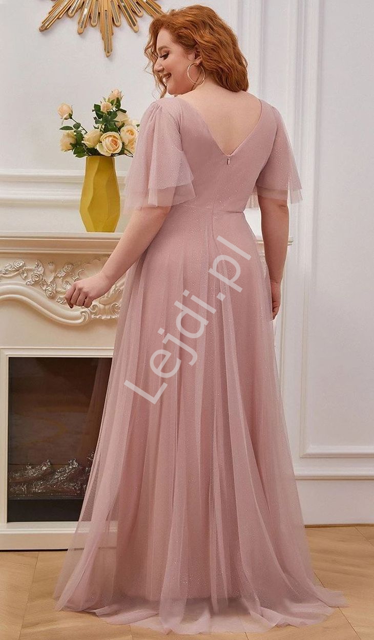 Wysmuklająca sukienka plus size na wesele, na sylwestra, wieczorowa sukienka różowa z brokatem