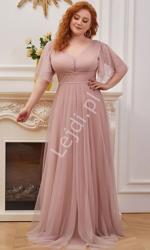 Wysmuklająca sukienka plus size na wesele, na sylwestra, wieczorowa sukienka różowa z brokatem 