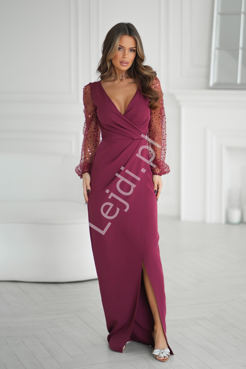 Wyszczuplająca bordowa suknia z cekinami na rękawach r.34 - r.48 HB314