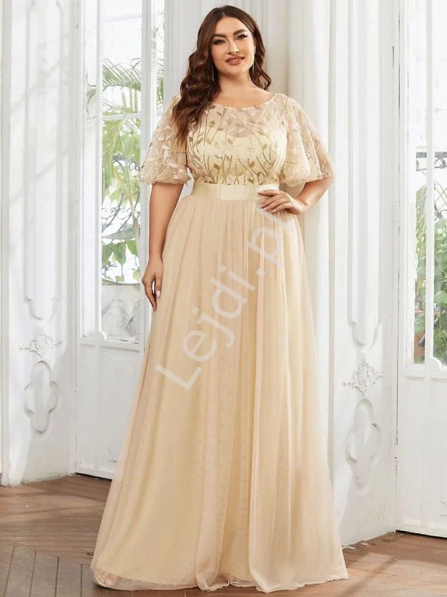 Wyszczuplająca złota sukienka wieczorowa, długa suknia plus size z haftami listkami 0904