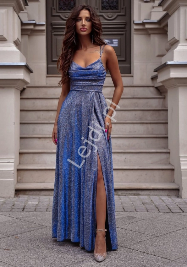 Zachwycająca sukienka wieczorowa, kolor błyszczący disco- srebrno niebieski 1171