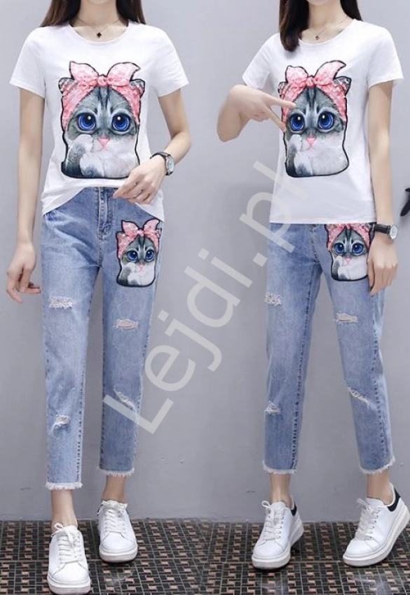 Zestaw 2- częściowy jeansy damskie z kotem oraz t-shirt z kotem 