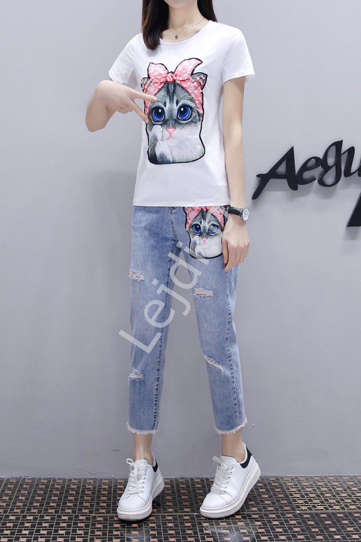 Zestaw 2- częściowy jeansy damskie z kotem oraz t-shirt z kotem 