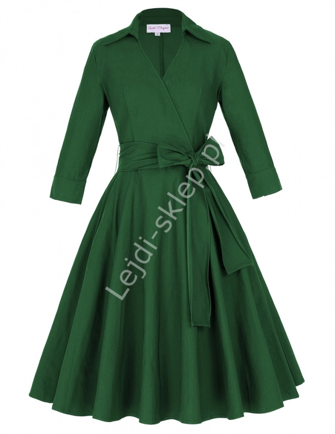 Zielona bawełniana sukienka w stylu retro , lata 60-te z kopertowym dekoltem