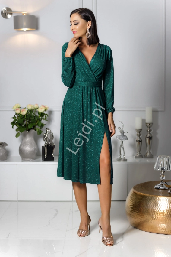 Zielona brokatowa sukienka Plus Size z długim rękawem, wyszczuplająca sukienka Midi Salma