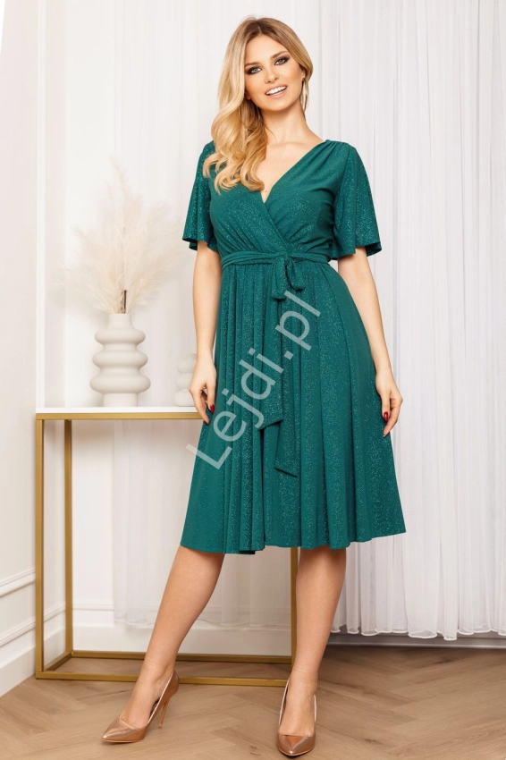 Zielona brokatowa sukienka Plus Size z krótkim rękawem, wyszczuplająca sukienka Midi Bella
