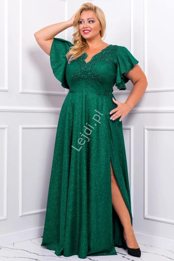 Zielona brokatowa wyszczuplająca sukienka na wesele, modna sukienka plus size, Laura