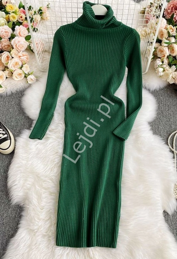 Zielona sukienka dzianiowa o dopasowanym kroju, sukienka z golfem 0055