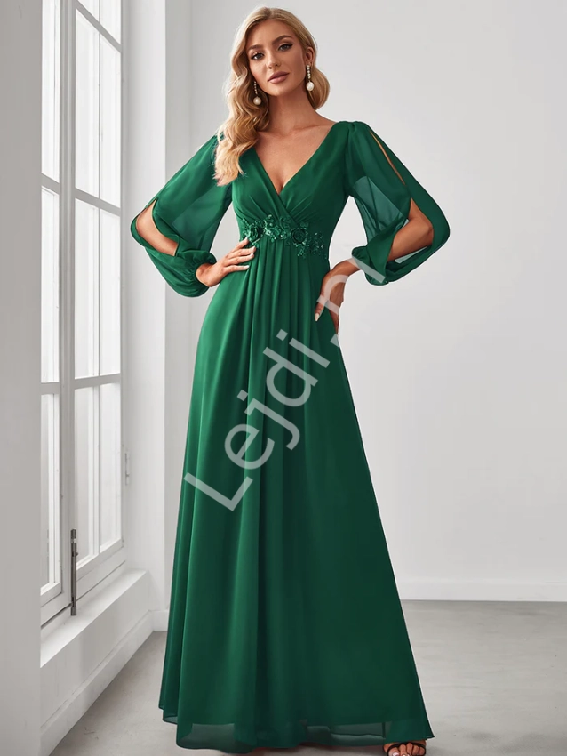 Zielona sukienka wieczorowa z rozcięciem na rękawie 0461