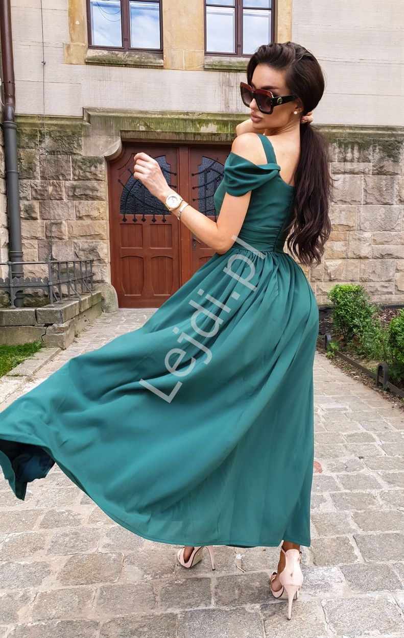 Zielona sukienka wieczorowa z szyfonu, zwiewna sukienka na wesele, dla druhny, na studniówkę