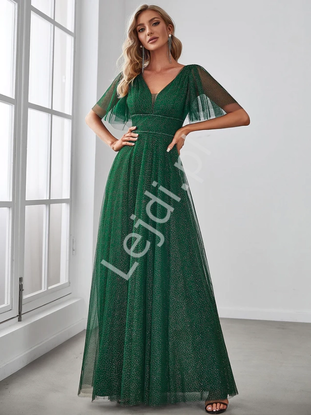 Zielona suknia wieczorowa z tiulu z połyskującym brokatem 0278