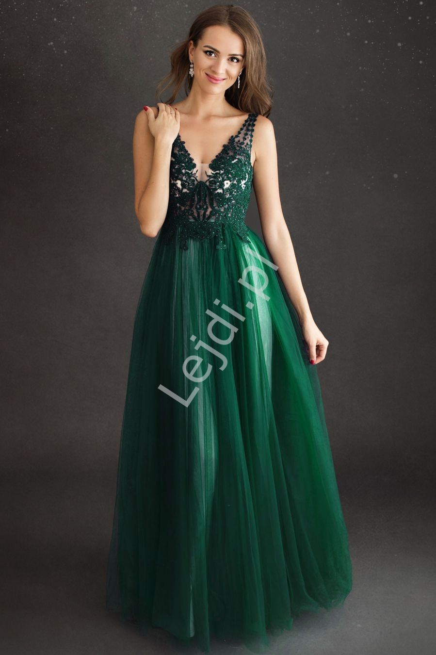 Zielona tiulowa suknia wieczorowa z koronkową górą 2223 - Lejdi