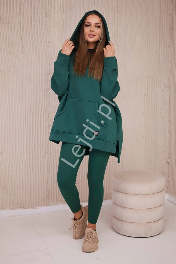 Zielony bawełniany komplet damski bluza ocieplana + legginsy biały melanż 9618