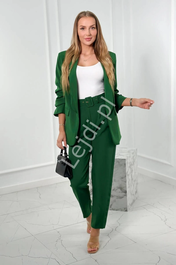Zielony garnitur damski z elastycznego materiału, marynarka i spodnie 80172K 