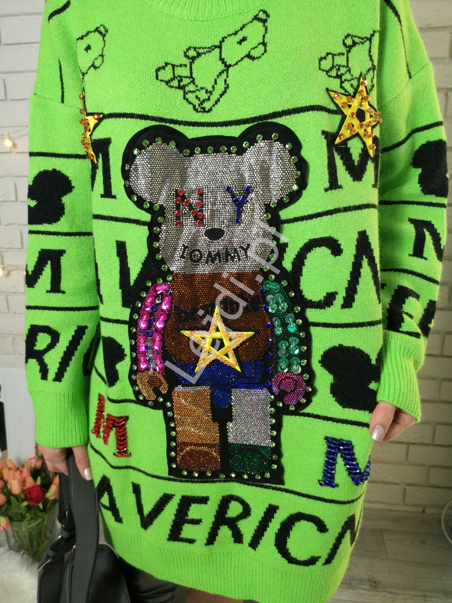 Zielony luksusowy sweter z mega zdobieniem , kryształkowy miś, cekiny