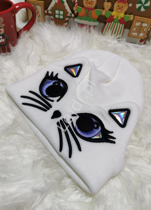 Zimowa czapka z oczami kota i uszami ,hologram, biała