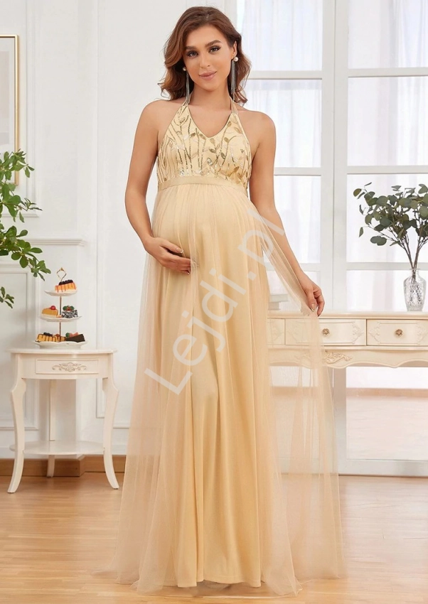 Złota ciążowa sukienka wieczorowa z cekinami 822
