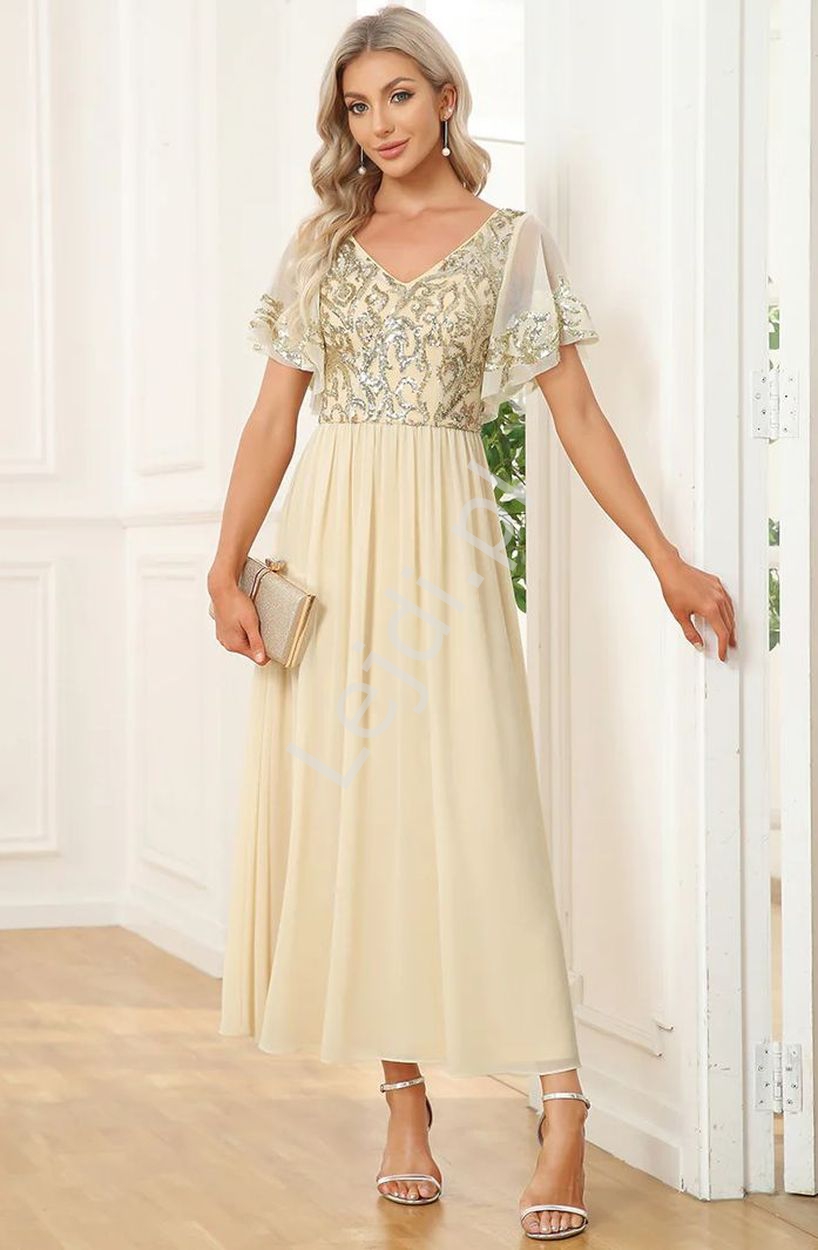 Złota elegancka sukienka midi z cekinowym zdobieniem