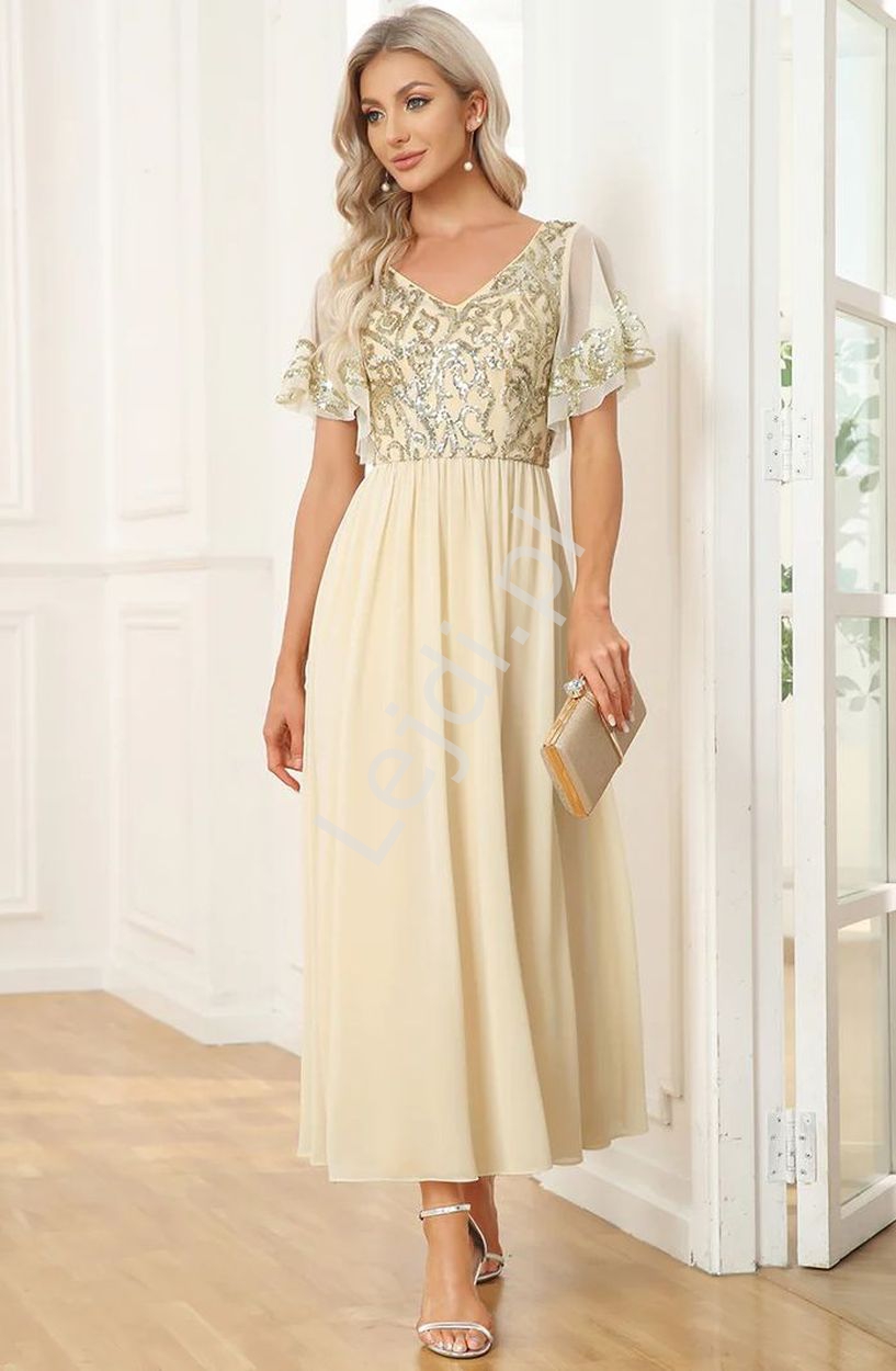 Złota elegancka sukienka midi z cekinowym zdobieniem