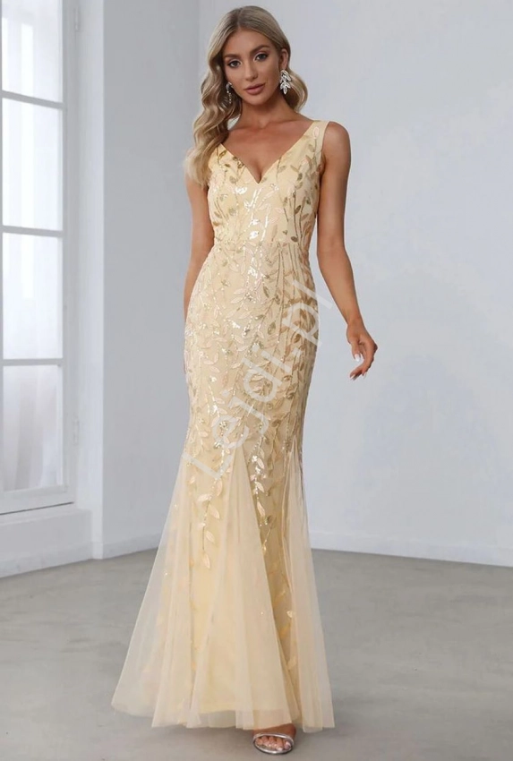 Złota sukienka o kroju rybki z cekinowymi listkami, tiulowa sukienka na wesele, na bal 7886