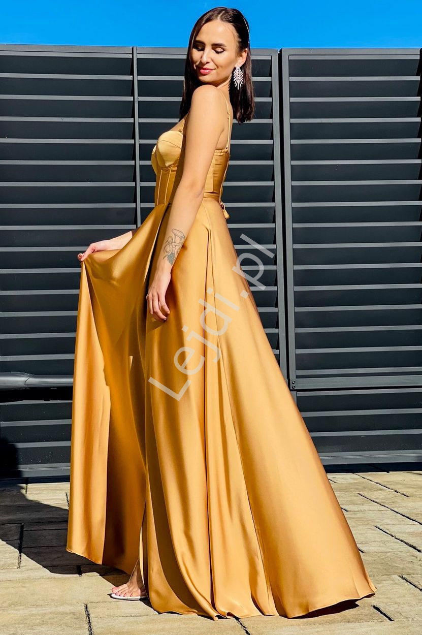 Złota sukienka satynowa z gorsetową wiązaną górą