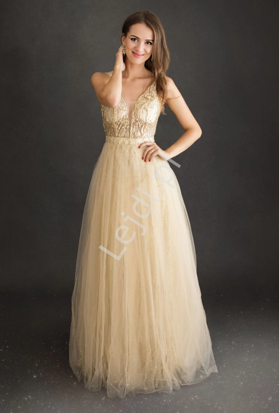 Złota sukienka wieczorowa tiulowa z górą zdobioną koronką i perełkami 2217