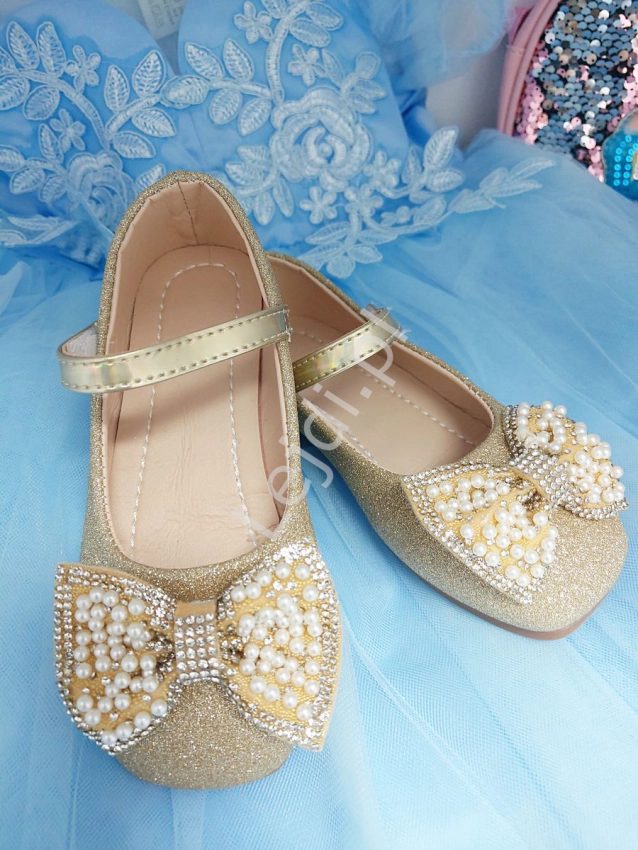 Złote brokatowe buty na komunię, na wesele, na przyjęcia. Eleganckie buciki dla dziewczynki 878
