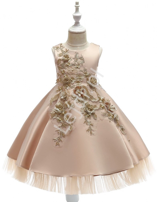 Złoto beżowa sukienka dla dziewczynki na wesele, święta - 5056