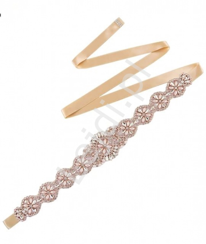 Złoty pasek z kryształkami i perełkami, wieczorowy pasek do sukienek na wesele S161