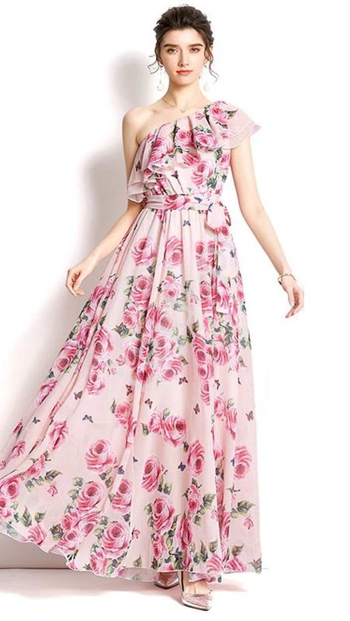 Zwiewna sukienka na jedno ramię z kwiatowym wzorem 1029