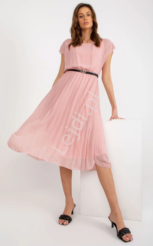 Zwiewna sukienka z plisowaną spódnicą, modna sukienka z paskiem - 10 kolorów, 8839